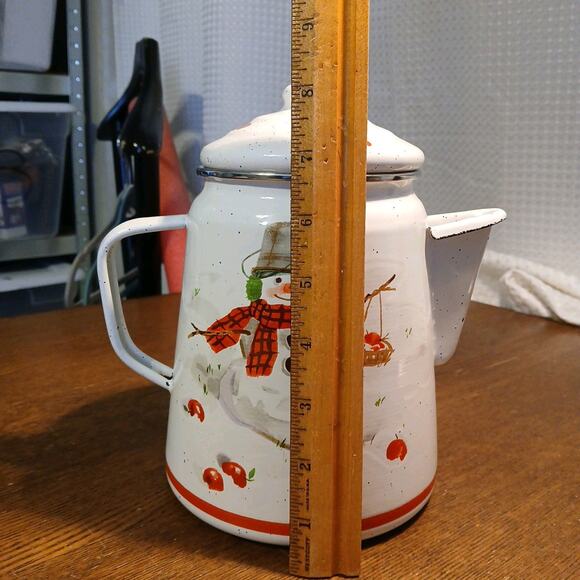 Hallmark White Enamelware Snowman Christmas Decor Stovetop Coffee Pot Mitford - Picture 11 of 13